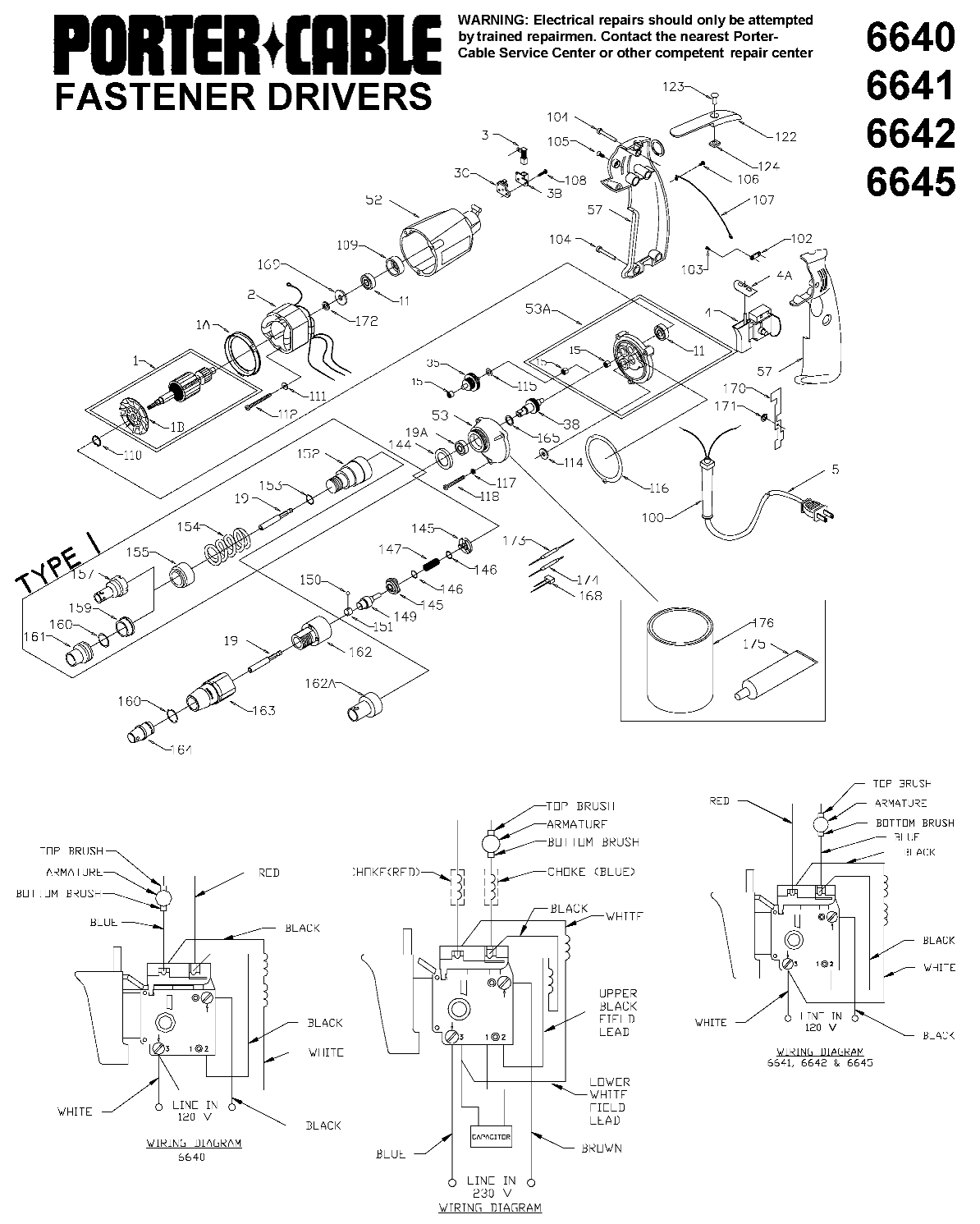 Default Diagram and Parts List for PC6641 Type 1 Porter Cable Electric Drill
